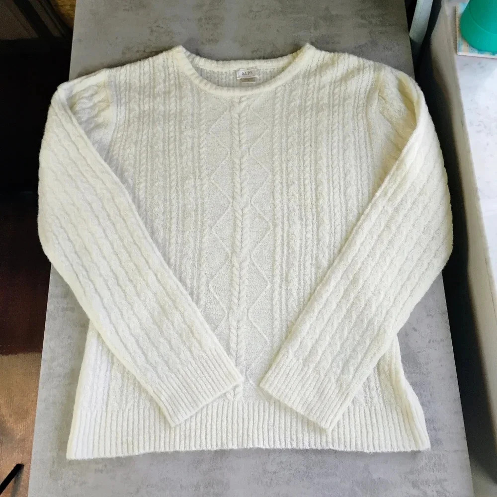 Vintage Alps Ivory Wool Blend Cable Knit Pullover Sweater Size Large‎ Classic